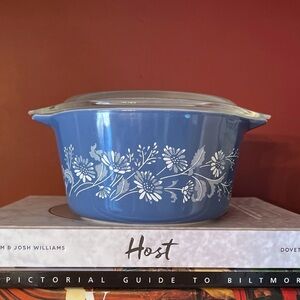 VTG Pyrex Colonial Mist Casserole 473-B Dish w Lid, Cinderella Round 1L Blue